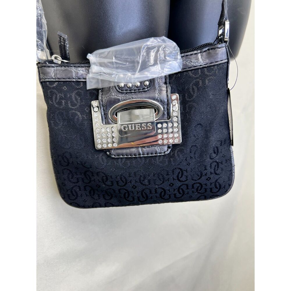 NWT Y2K Guess G-Shine Mini Black Monogram Rhinestone Buckle Crossbody Purse Bag